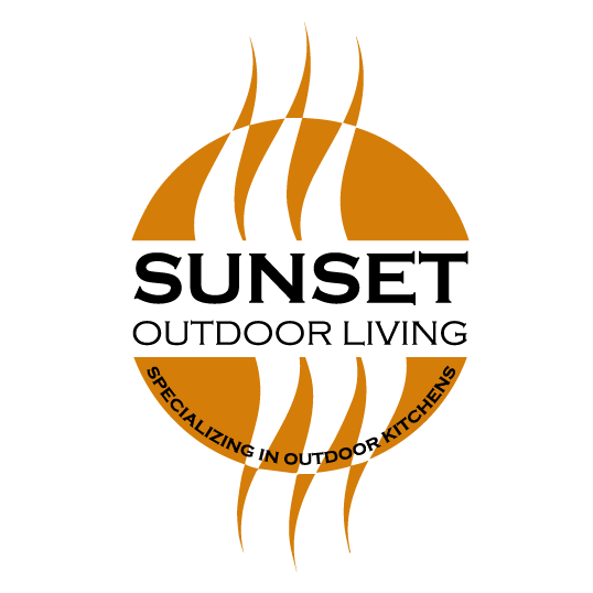 Sunset Outdoor Living Logo - black lettering and orange contemporary sun with three rays on top and three on bottom.